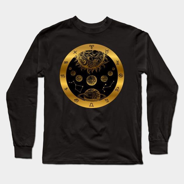 Horoscope Zodiac Wheel Universe Planets Long Sleeve T-Shirt by letnothingstopyou